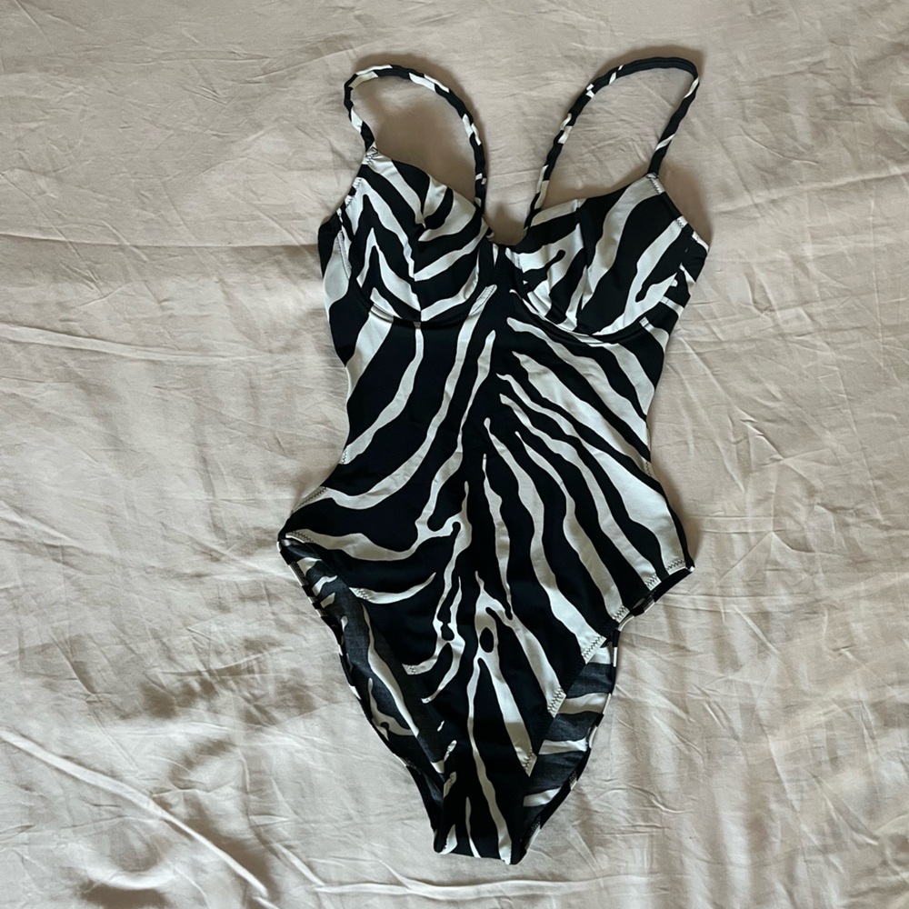 Dolce & Gabbana Black and White Zebra Print One Piece Bathing Suit w Wrap Skirt